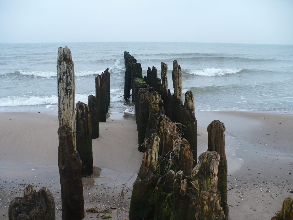 pusta plaża wschodnia w Kołobrzegu zimą, miejsce na spacer z psem